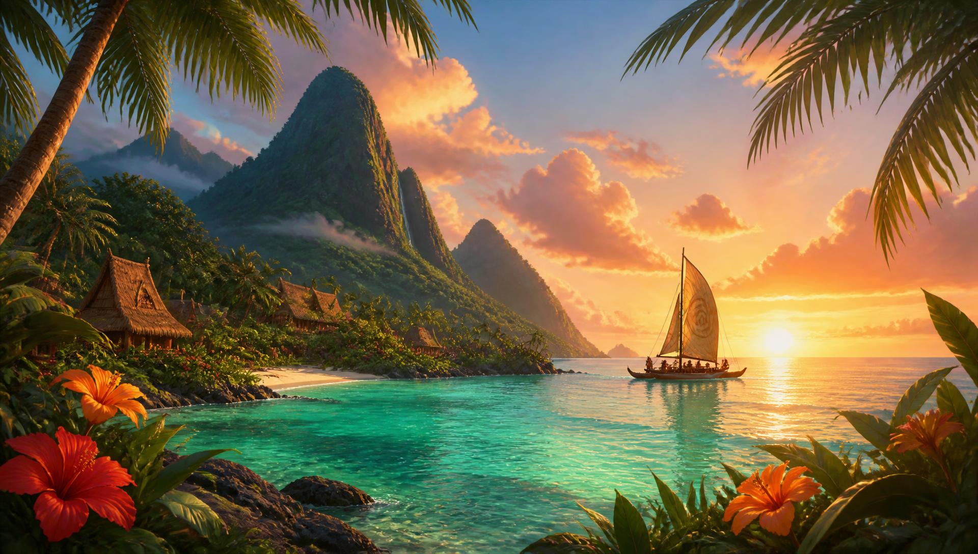 Tropical lagoon at sunset with a sailing canoe